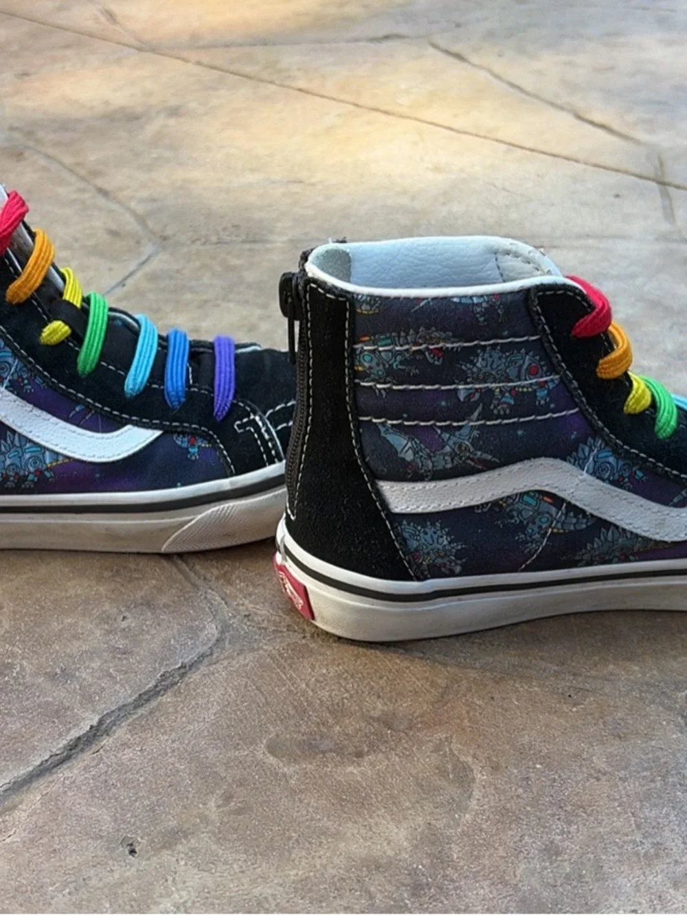 Vans Kids Black High-Top Sneakers Robot Dinosaurs with Rainbow Elastic Laces